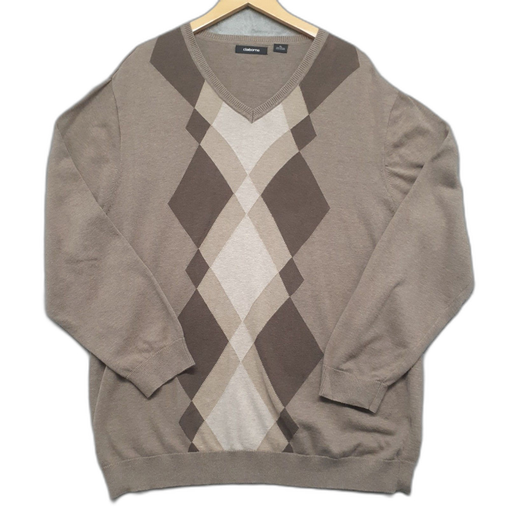 Claiborne Mens Argyle Long Sleeve Sweater Size XL Brown Beige V-Neck Academia